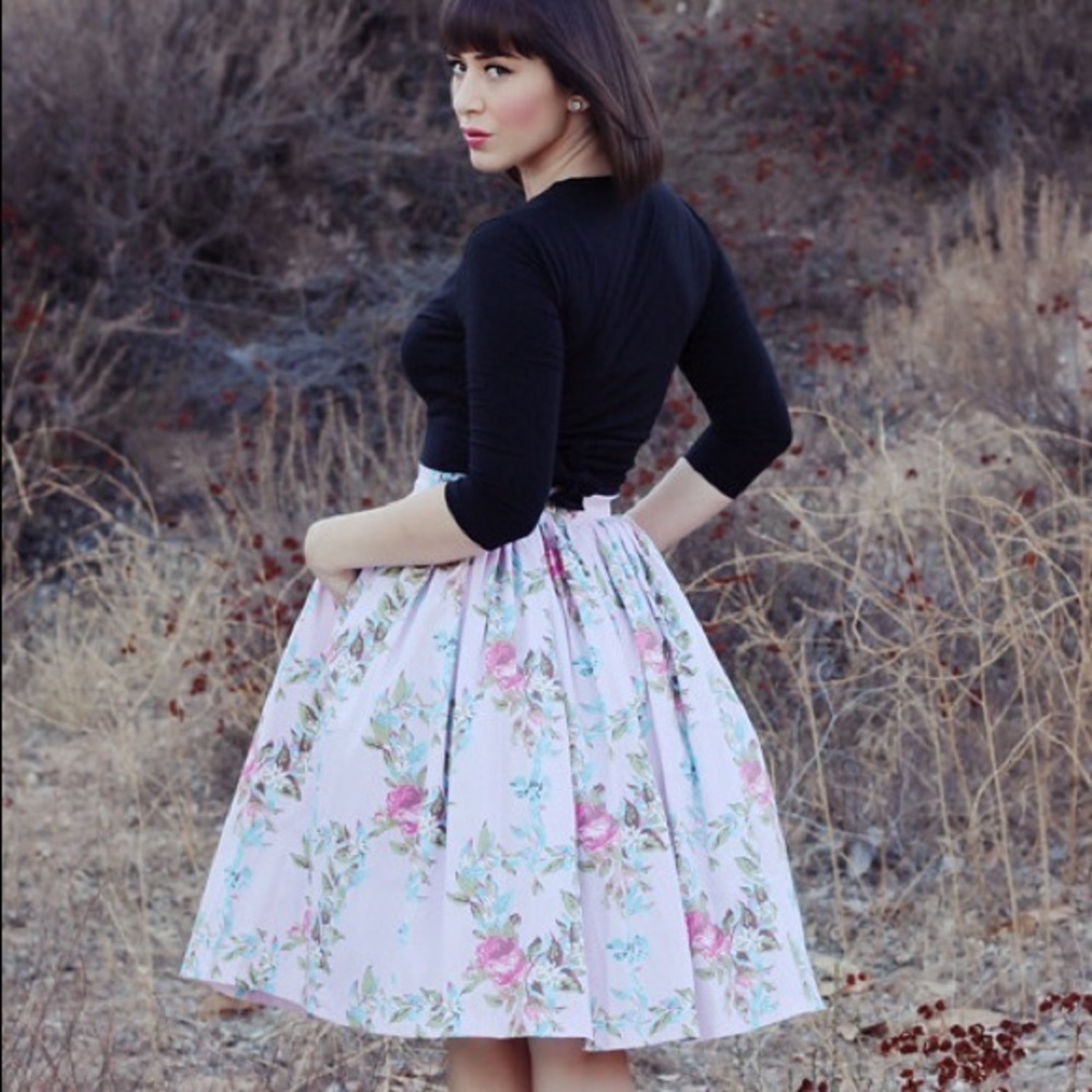 Pinup Girl Clothing Floral A-Line Skirt in Pink and Green - Picture 2 of 3